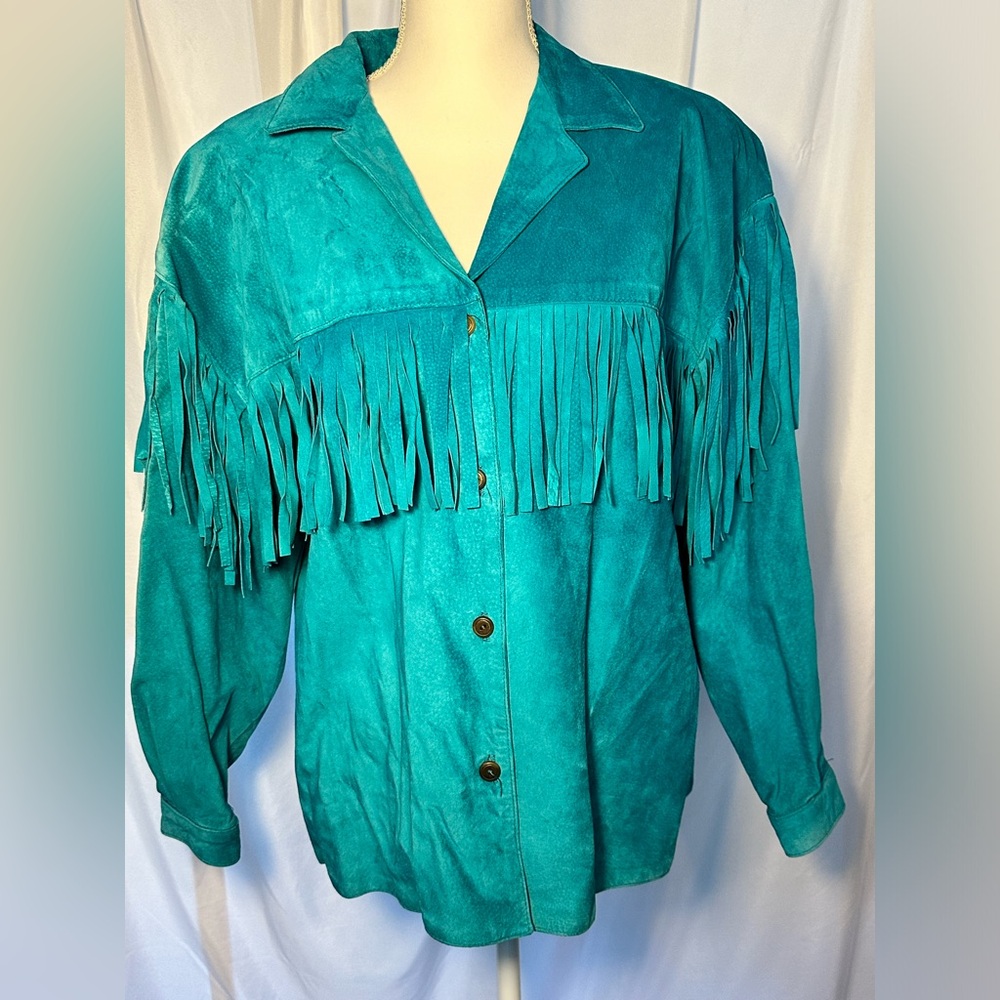 Lanna Teal Blue Leather Jacket Fringe. Womens Size Large.